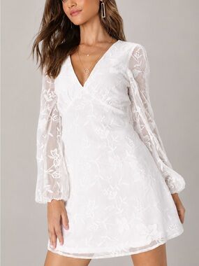 Lulu's Angelic Bliss White Floral Embroidered Long Sleeve Mini Dress V Neck